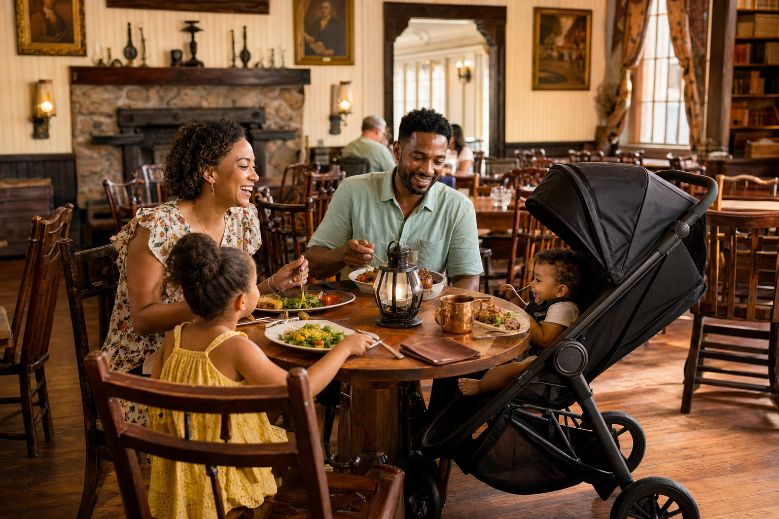 Family enjoying a relaxed fall lunch in a warm Western-inspired theme park dining room