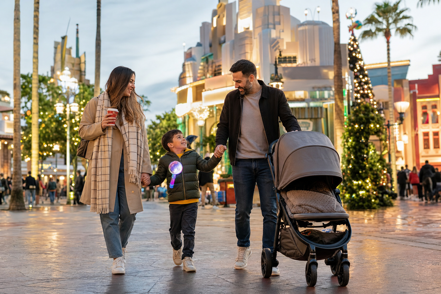 Family with a young child enjoying festive evening lights at a classic Hollywood-inspired theme park street in Orlando