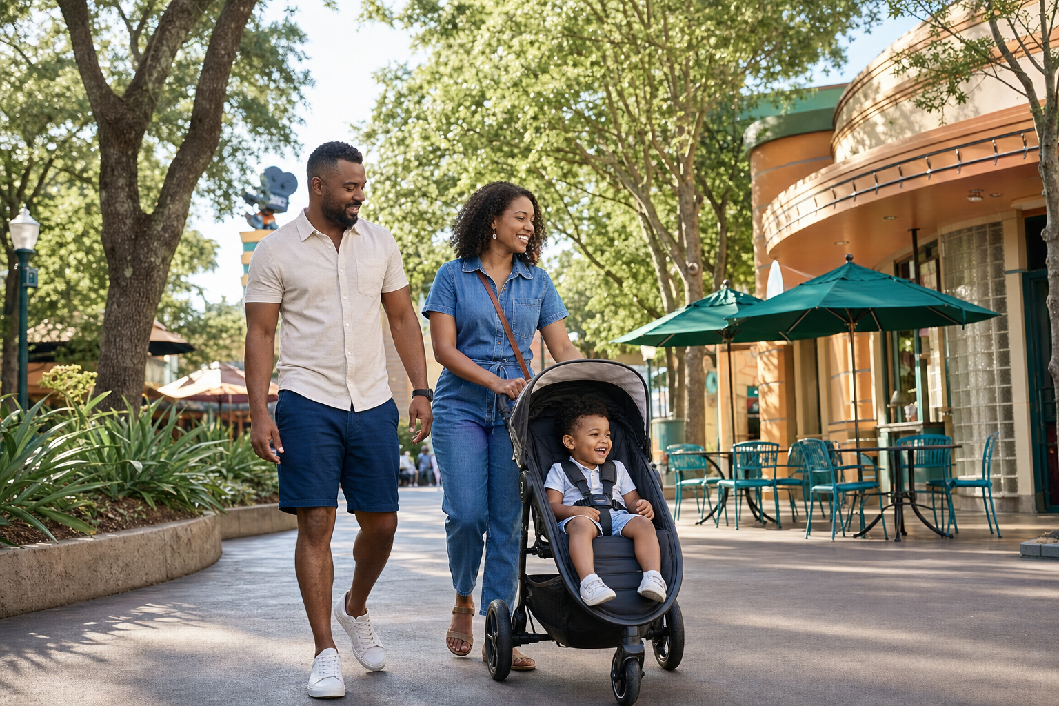 Family with a young child enjoying a sunny animation-studio-inspired courtyard during an Orlando theme park day