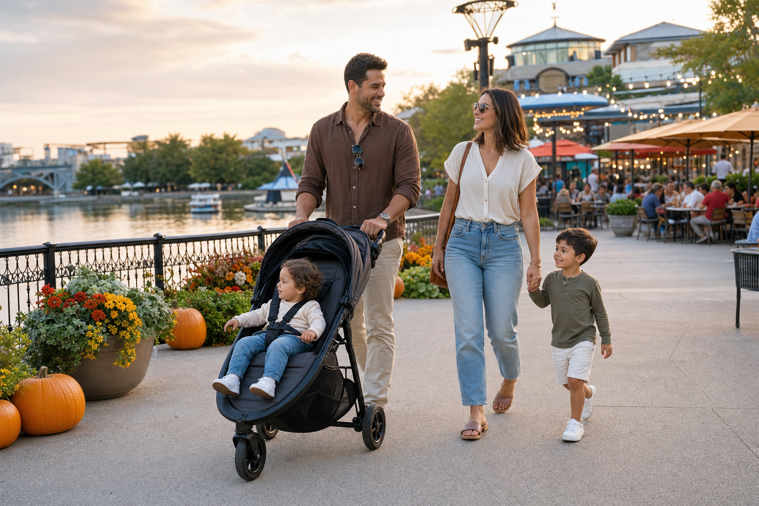 Family with young children enjoying a festive autumn afternoon at an outdoor waterfront shopping district in Orlando