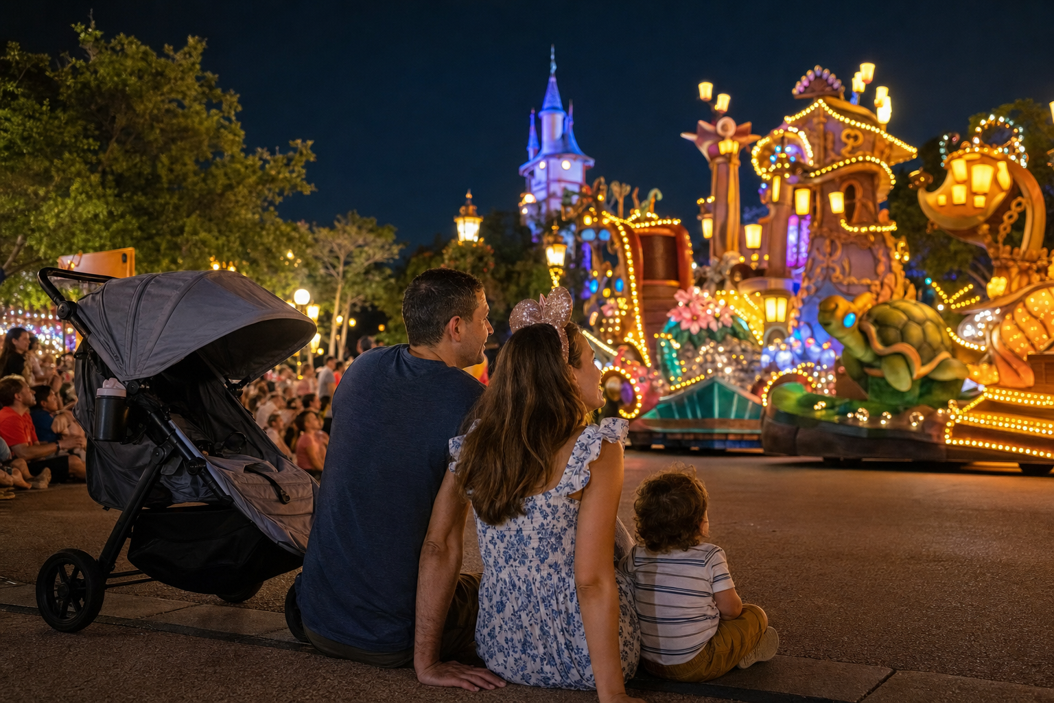Family with a young child watching a glowing nighttime parade along a storybook-inspired theme park street