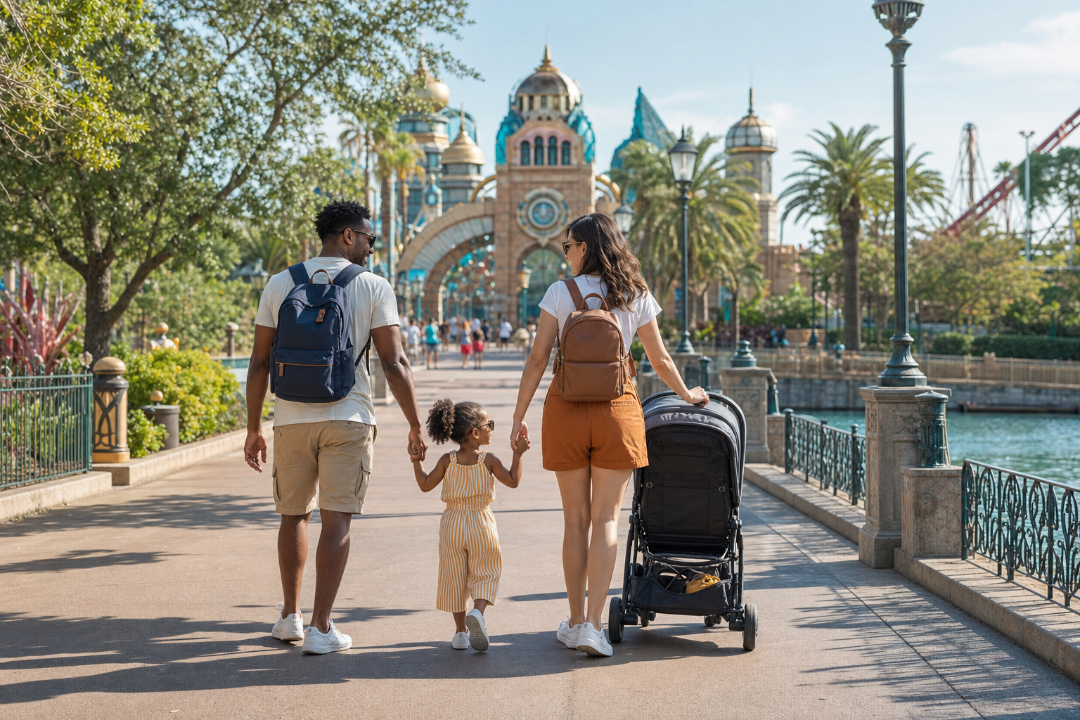 Family with young children walking toward a whimsical Orlando theme park entrance on a sunny morning