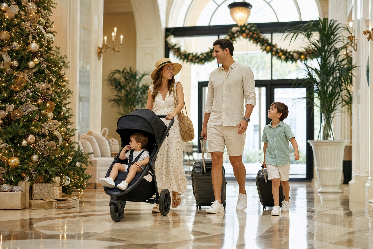 Family with a young child enjoying elegant holiday decorations in a bright Florida resort lobby