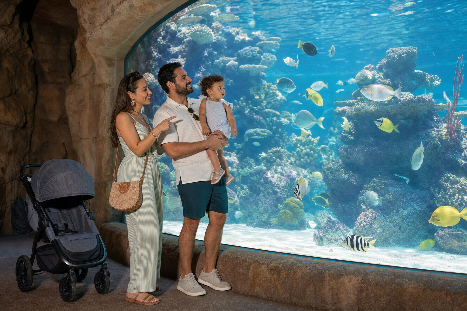 Parents and a young child enjoying a large aquarium viewing window during a family theme park day in Orlando