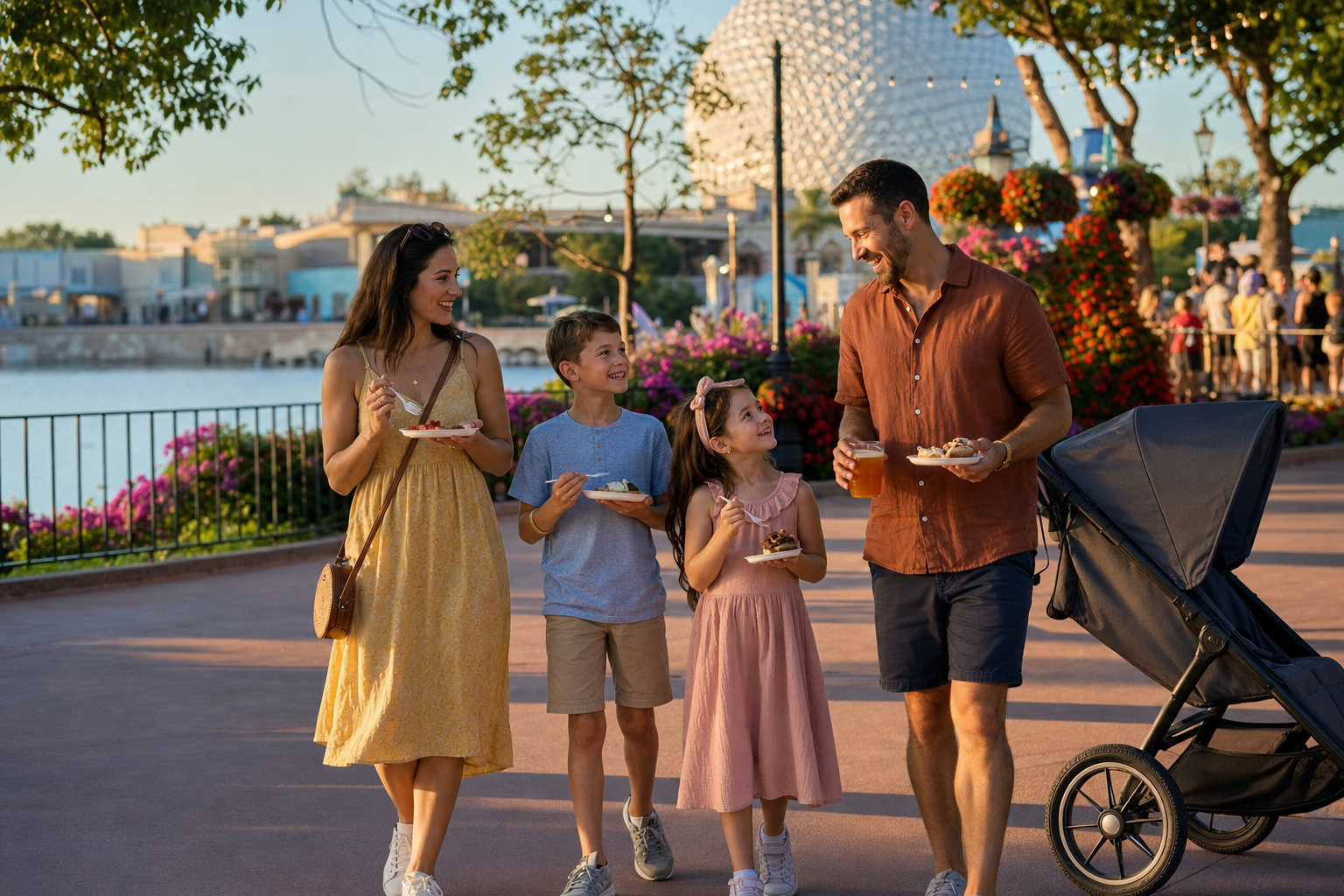 Family with young children enjoying colorful outdoor food and music festival atmosphere at an Orlando theme park