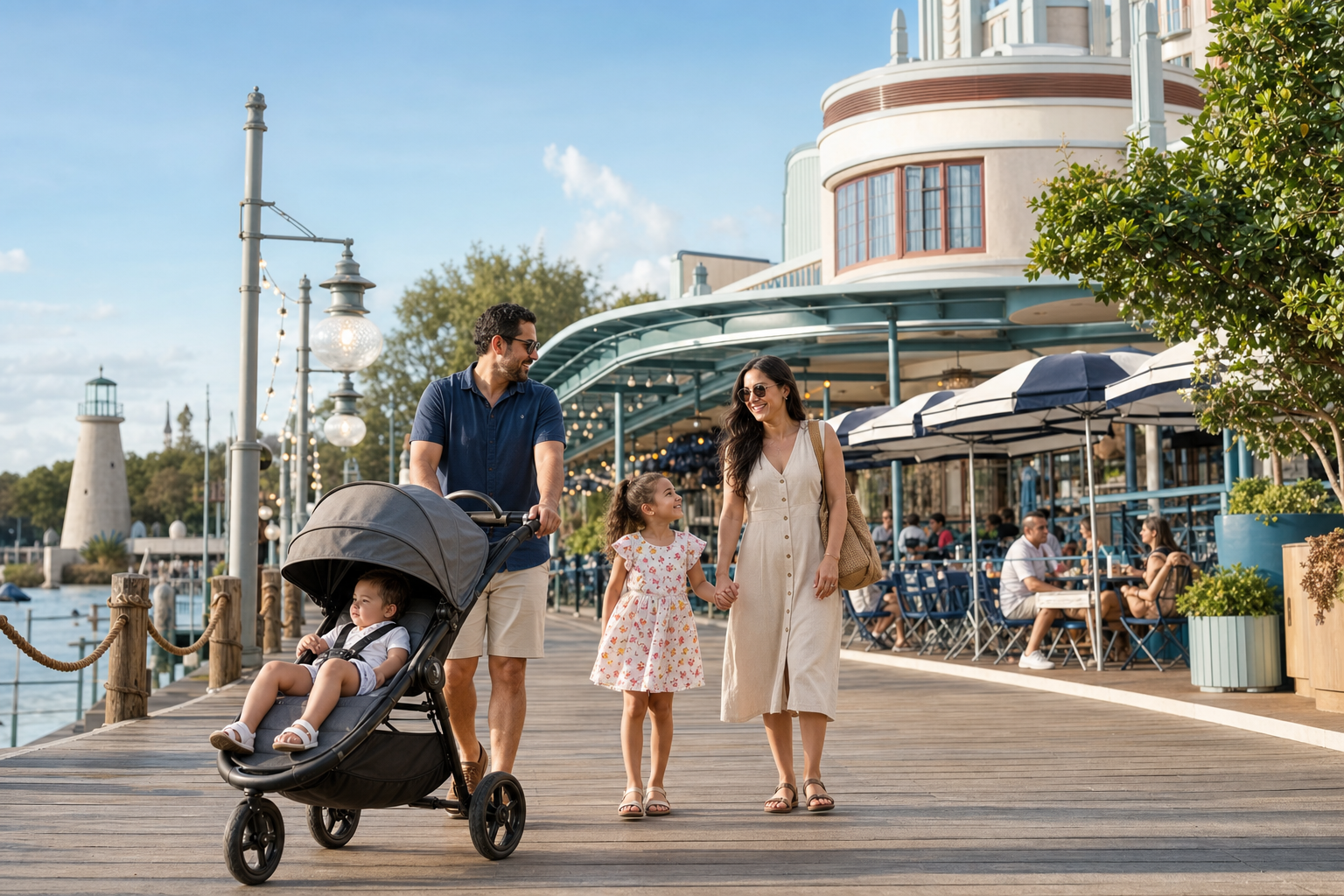 Family enjoying a relaxed afternoon near a vintage waterfront theater and boardwalk dining area in Orlando