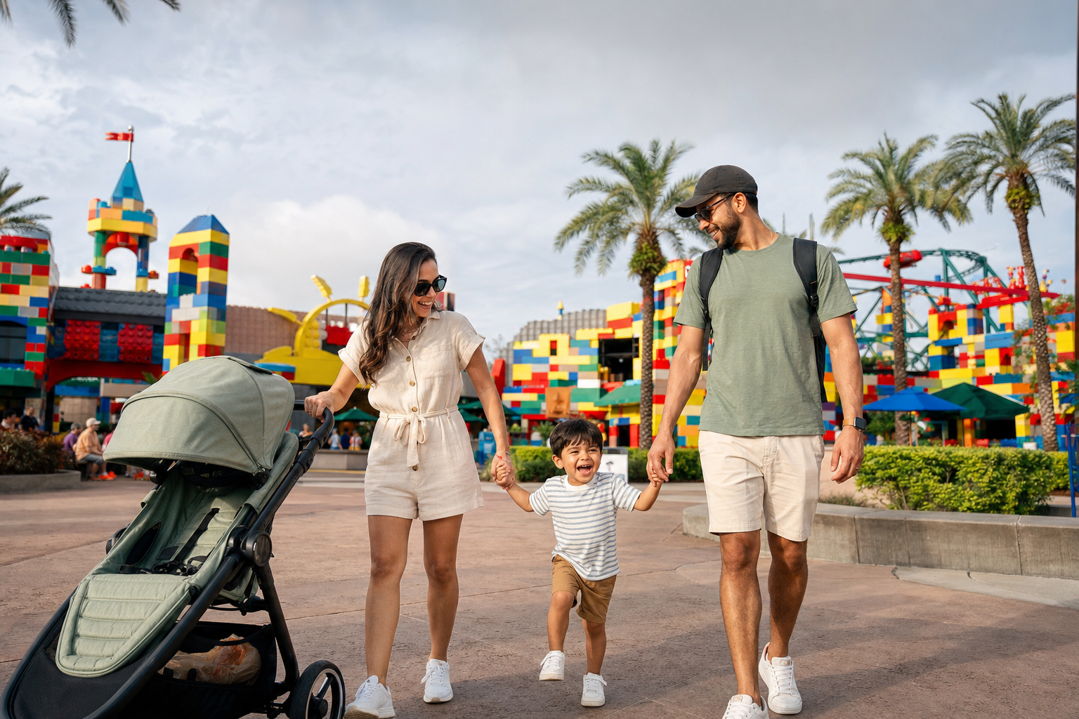 Family with a preschool-age child enjoying a colorful brick-themed outdoor attraction during a Central Florida day trip
