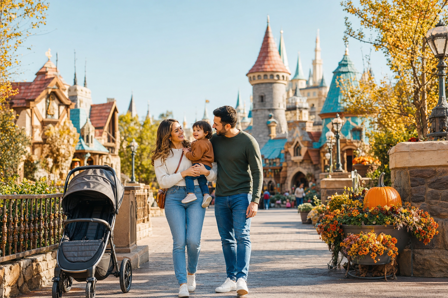 Family with a young child walking toward a storybook-style theme park entrance on a sunny fall afternoon in Orlando