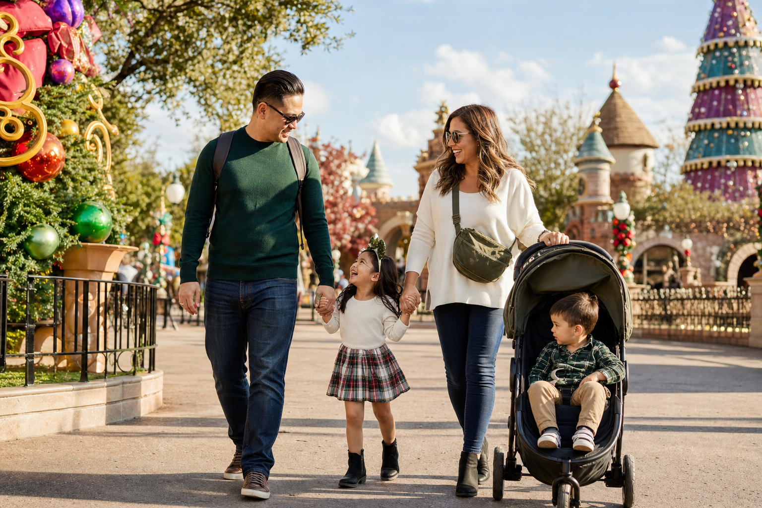 Family with young children enjoying festive holiday decorations at an Orlando theme park