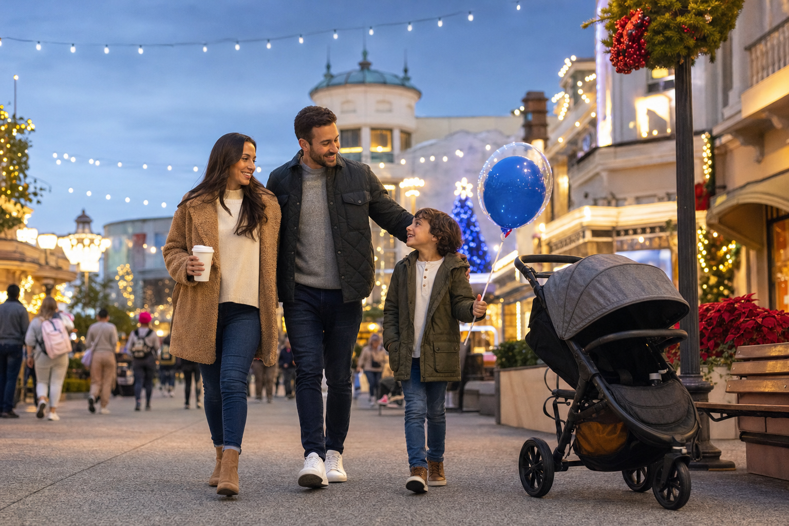 Family with young children enjoying festive lights and holiday decorations at an Orlando theme park